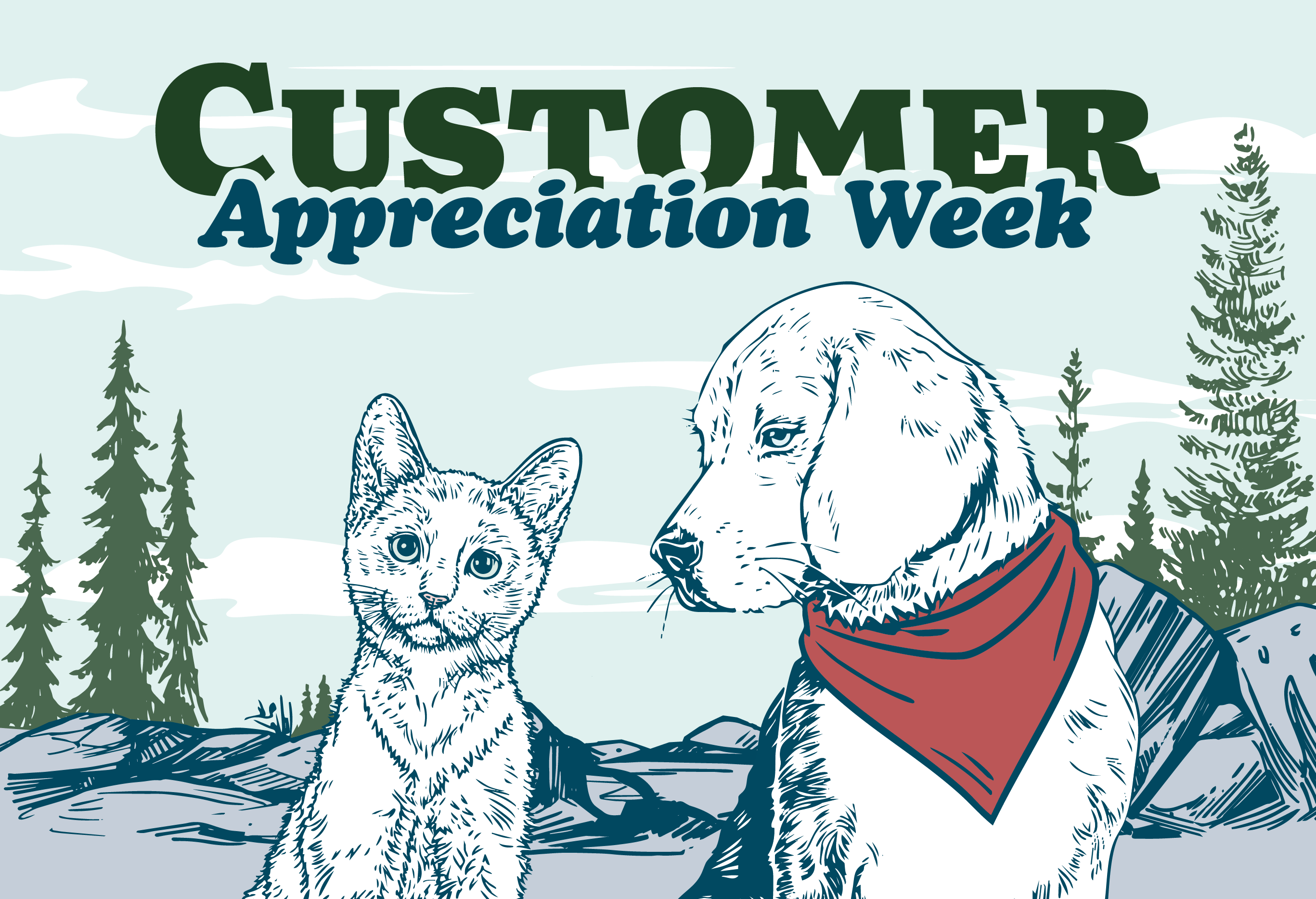 Customer Appreciation Week | illustration of cat and dog outside