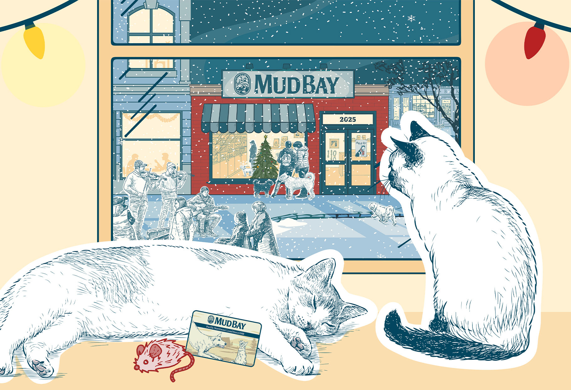 illustration of two cats looking out window at Mud Bay storefront in winter
