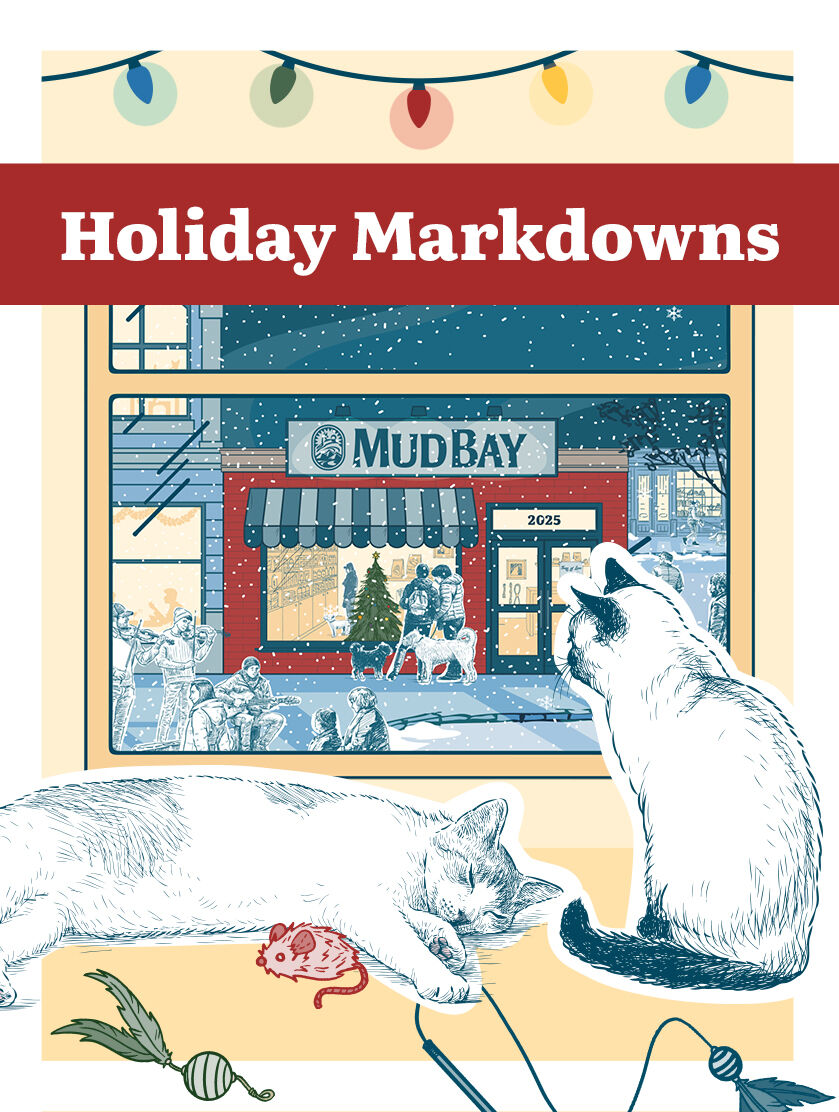 illustration of cats looking out window at Mud Bay storefront