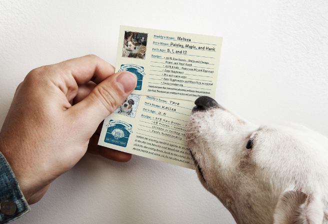 hand holding recipe cards and dog smelling them