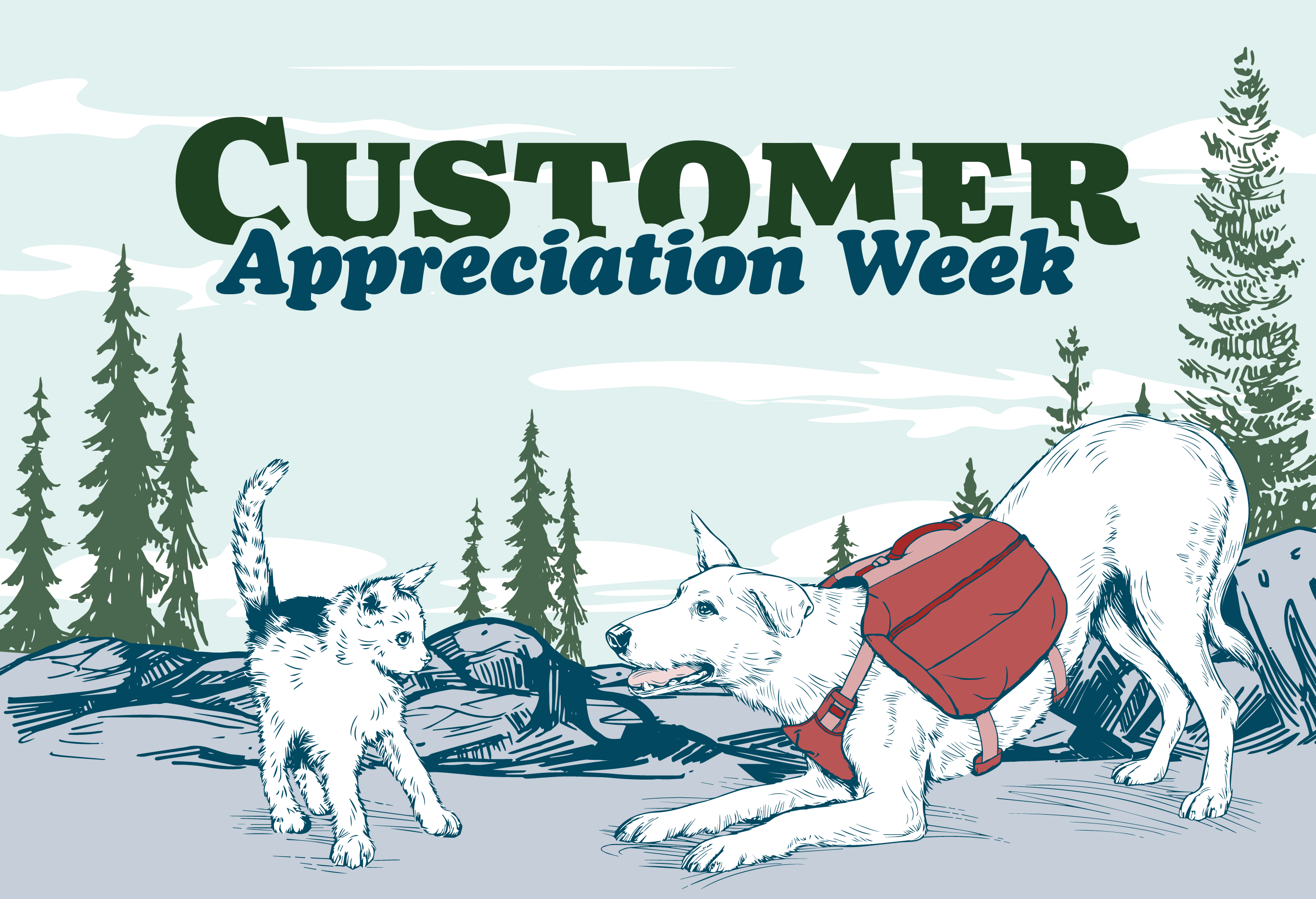 Customer Appreciation Week | illustration of cat and dog outside