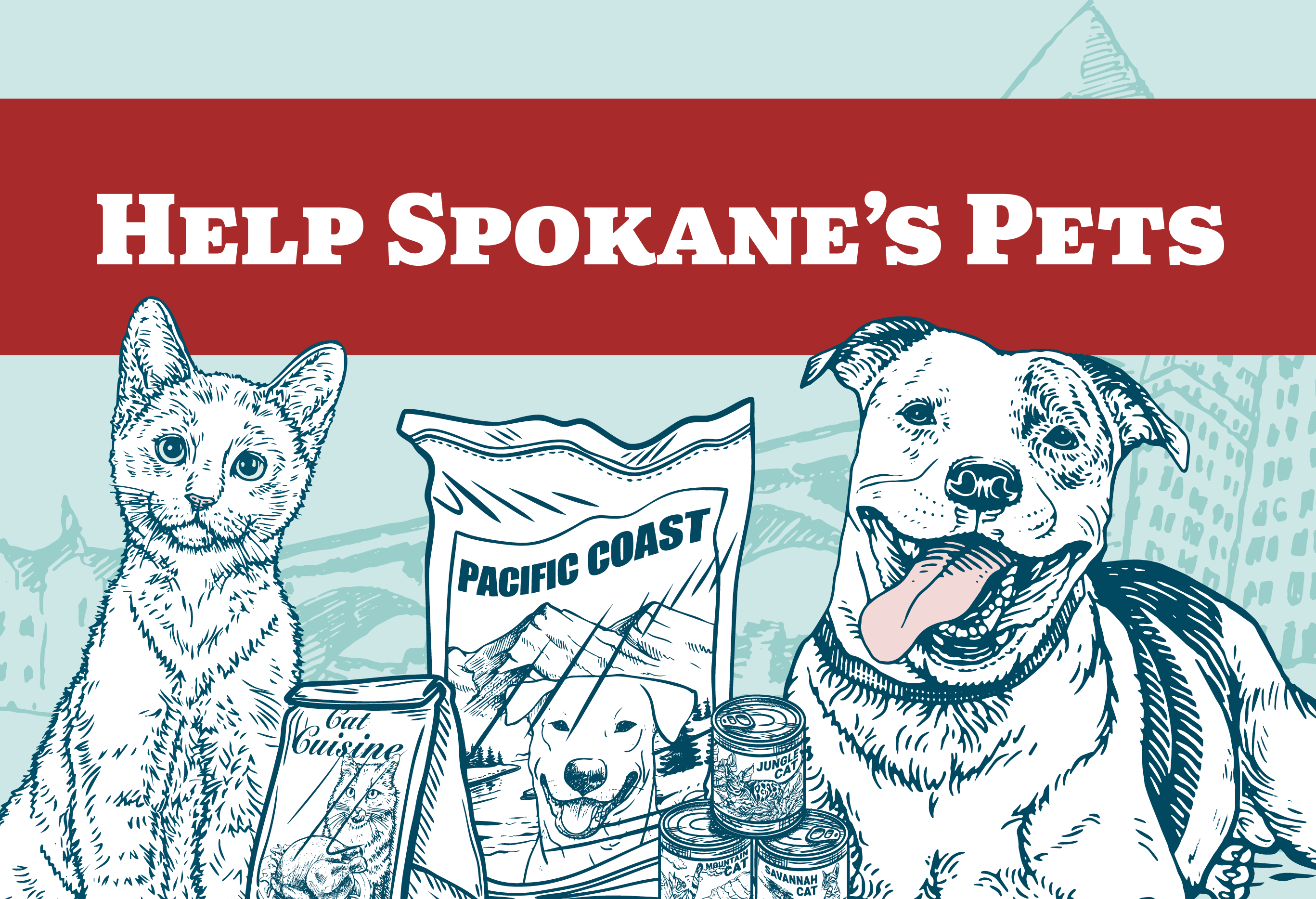 Help Spokane Pets illustration of cat and dog with bags of pet food