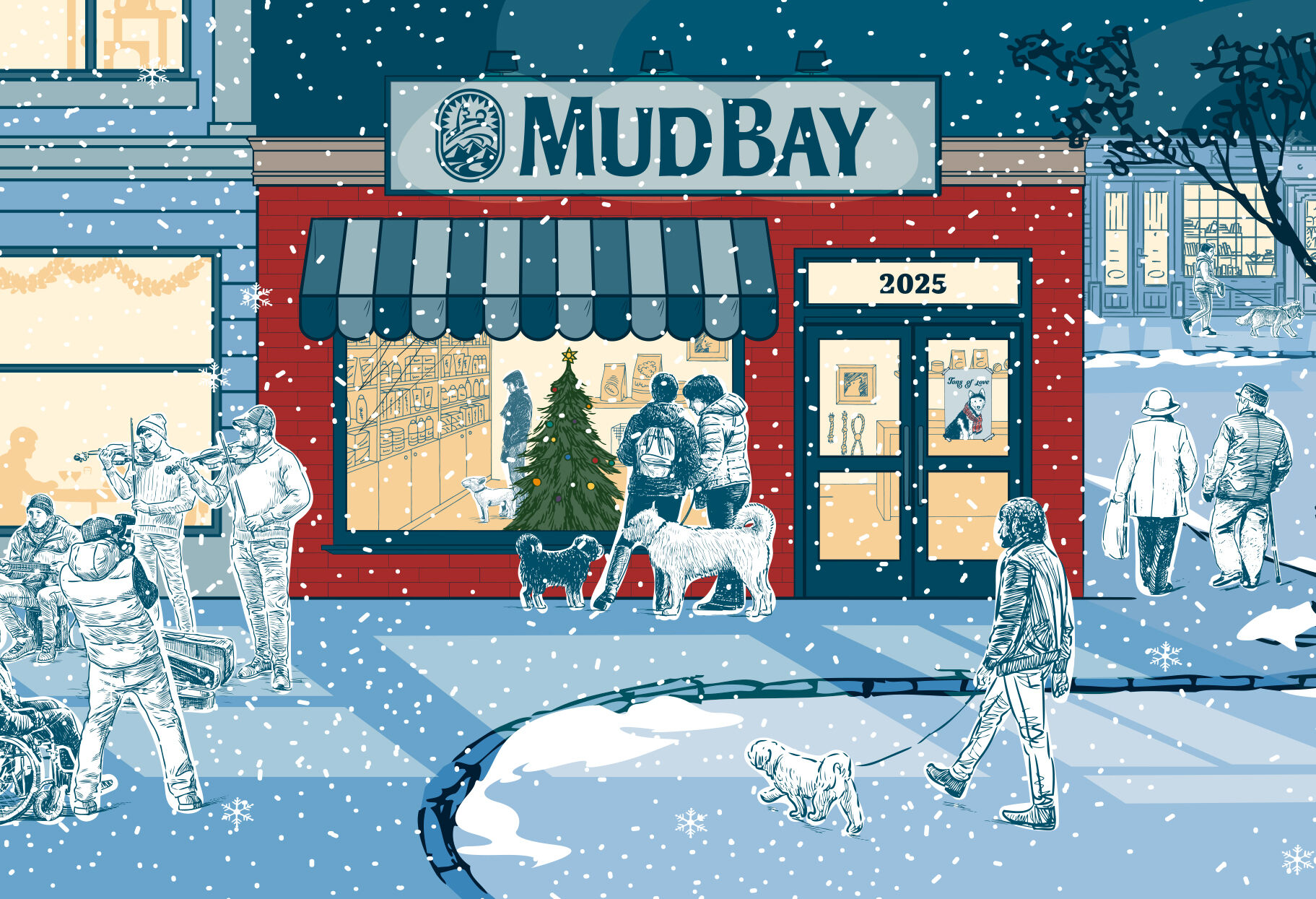 illustration of Mud Bay storefront in winter