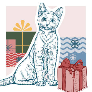 illustration of cat with wrapped presents