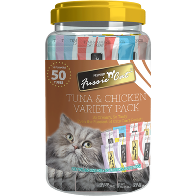 Fussie Cat Lickable Puree Cat Treat, Tuna & Chicken Variety Pack, 0.5-oz, 50-count