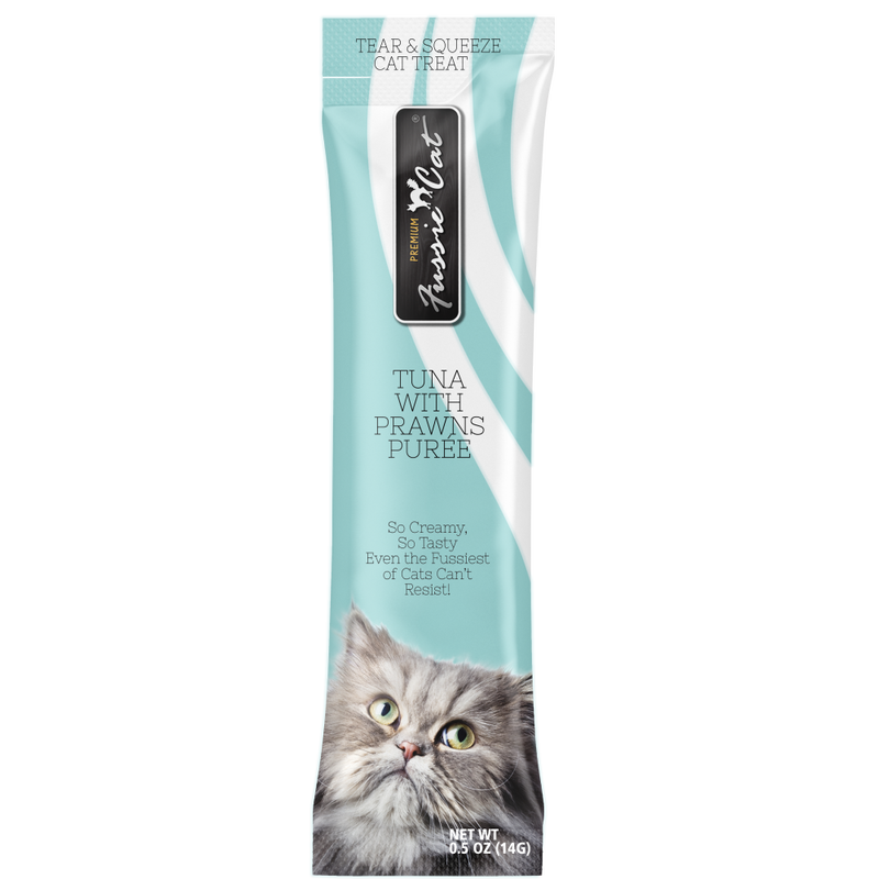 Fussie Cat Premium Puree Cat Treat, Tuna & Prawns, 4-count