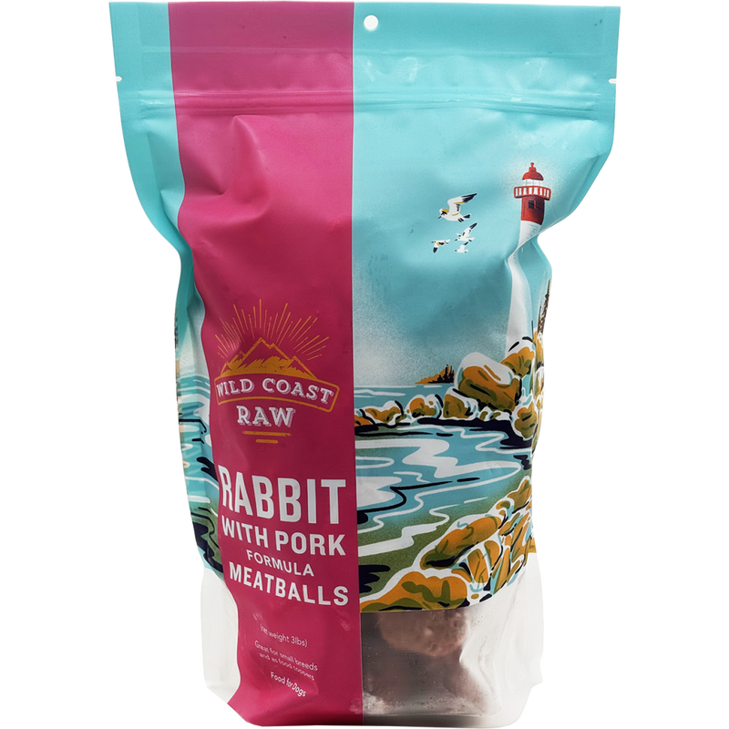 Wild Coast Raw Frozen Dog Food Meatballs Rabbit Pork 3 lb