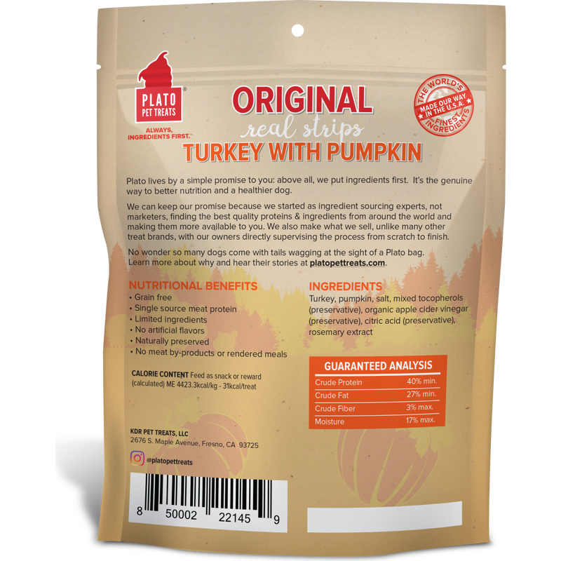 Plato Original Real Strips Dog Treats, Turkey & Pumpkin, 18-oz image number null