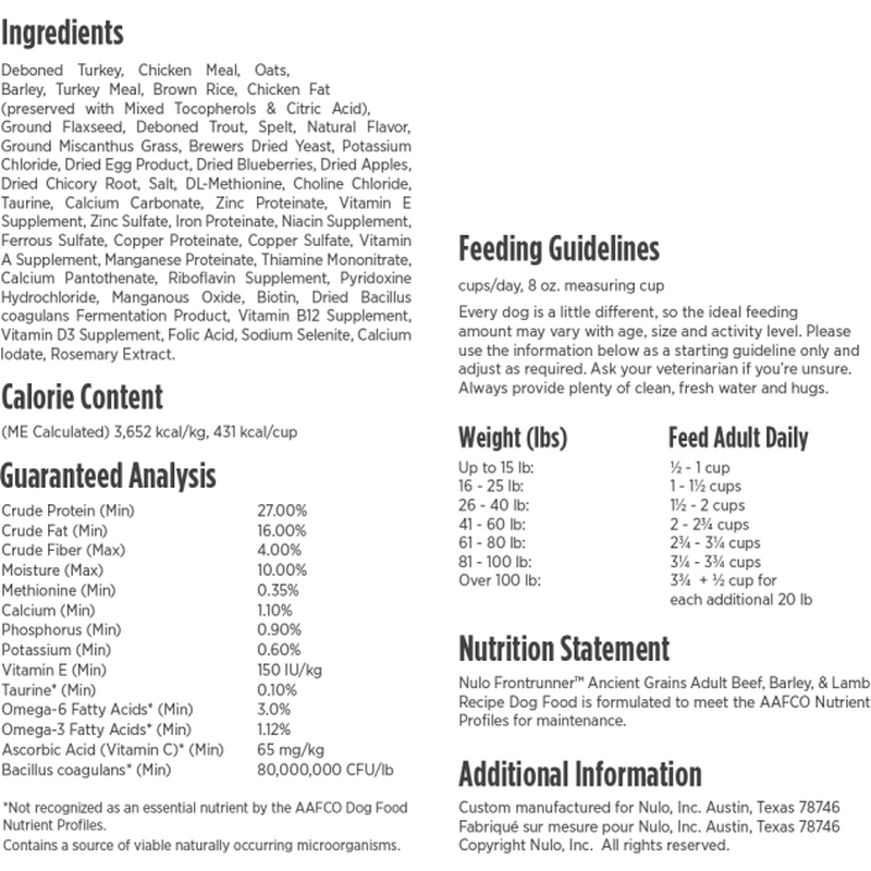 Nulo Frontrunner Ancient Grains Dry Dog Food, Adult, Turkey Trout & Spelt image number null