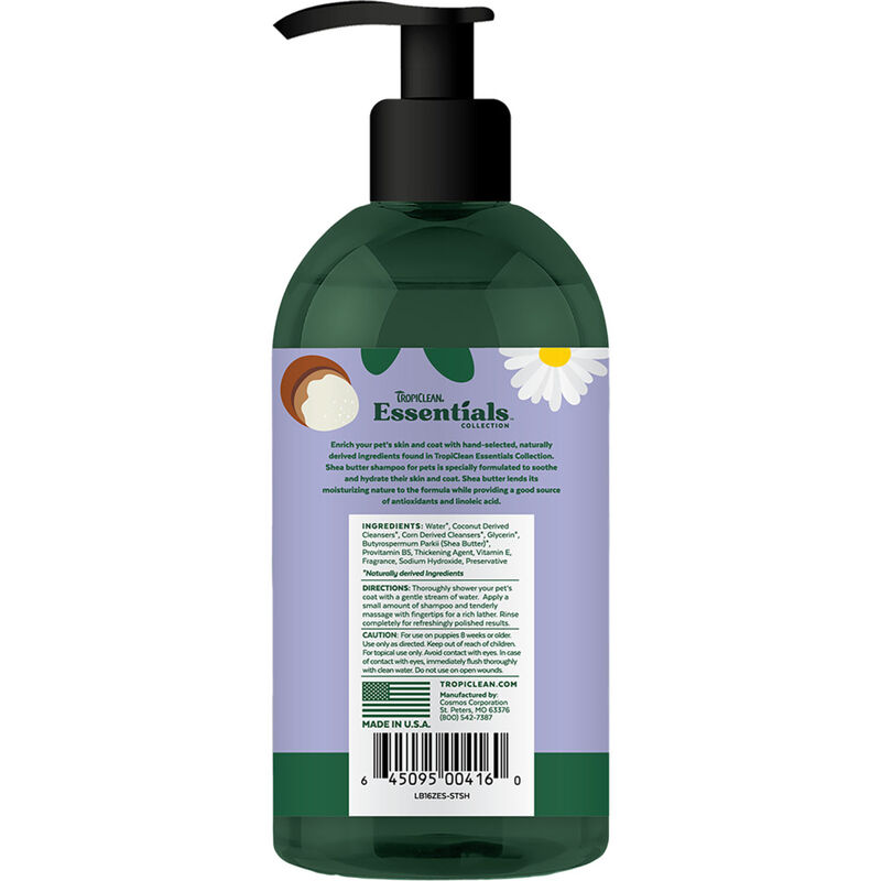Tropiclean Essentials Soothing Shampoo for Dogs Puppies & Cats, Shea Butter, 16-oz image number null