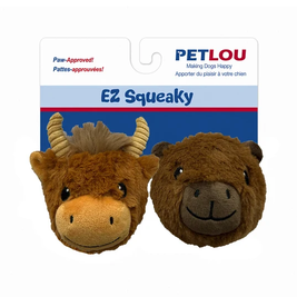 Petlou EZ Squeaky Dog Toy Twin Pack, Capybara & Highland Cow, 4-inch