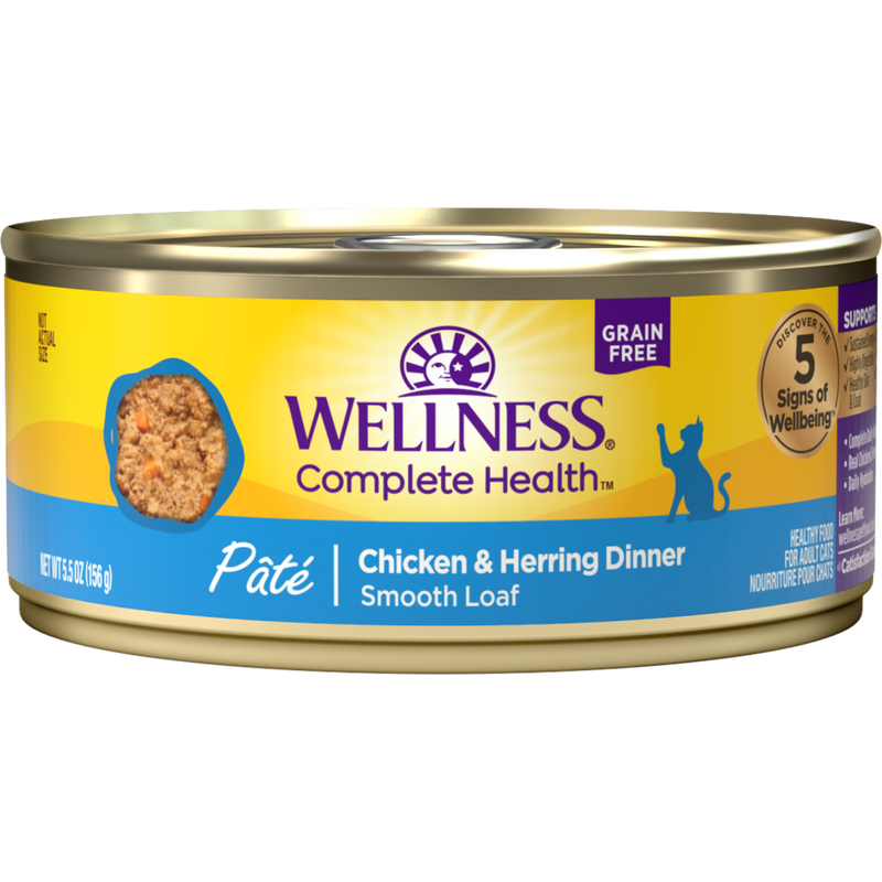 Wellness Complete Health Grain-Free Canned Cat Food, Pate, Chicken & Herring, 5.5-oz image number null