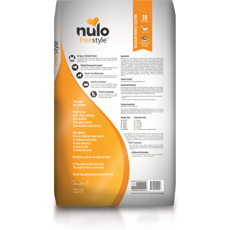 Nulo Freestyle Grain Free Adult Trim Cod Lentils Recipe Dry Dog Food 24 lbs
