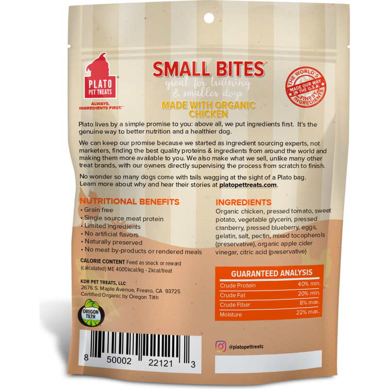 Plato Small Bites Dog Training Treats, Organic Chicken, 2.5-oz image number null