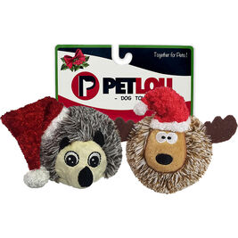 Petlou Holiday EZ Squeaky Ball Dog Toy, Hedgehog & Reindeer, 4-in, 2-pack