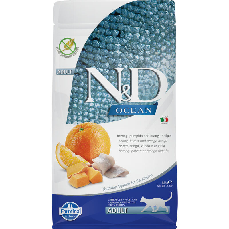 Farmina N&D Ocean Dry Cat Food, Herring Pumpkin & Orange, Adult, 3.3-lb image number null