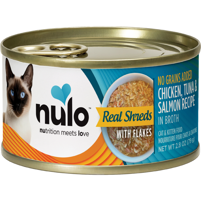 Nulo Grain-Free Canned Cat Food, Real Shreds with Flakes, Chicken Tuna & Salmon, 2.8-oz image number null