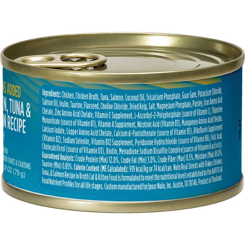 Nulo Grain-Free Canned Cat Food, Real Shreds with Flakes, Chicken Tuna & Salmon, 2.8-oz image number null