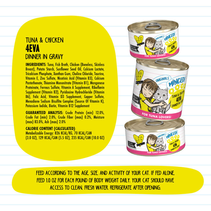 B.F.F. Best Feline Friend Originals Minced! Canned Cat Food, Tuna & Chicken 4Eva, 5.5-oz image number null