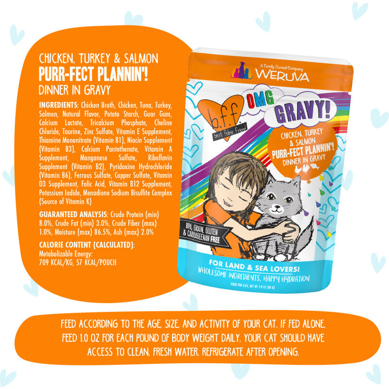 B.F.F. Best Feline Friend OMG Gravy! Wet Cat Food, Purr-Fect Plannin'!, Chicken, Turkey & Salmon, 2.8-oz image number null