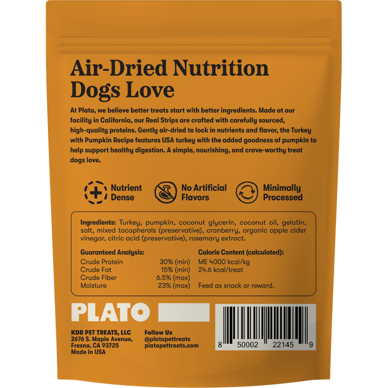 Plato Original Real Strips Dog Treats, Turkey & Pumpkin, 18-oz image number null