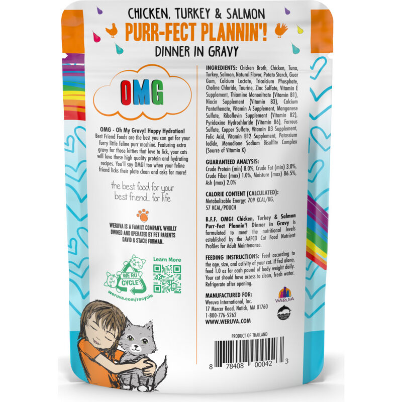 B.F.F. Best Feline Friend OMG Gravy! Wet Cat Food, Purr-Fect Plannin'!, Chicken, Turkey & Salmon, 2.8-oz image number null