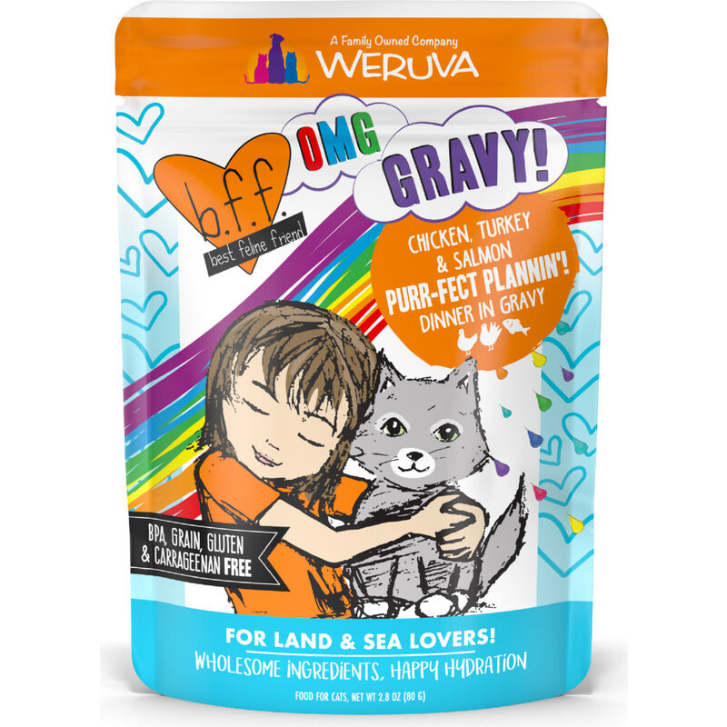 B.F.F. Best Feline Friend OMG Gravy! Wet Cat Food, Purr-Fect Plannin'!, Chicken, Turkey & Salmon, 2.8-oz image number null