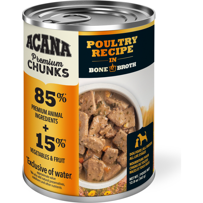 Acana Premium Chunks Canned Dog Food, Poultry Recipe in Bone Broth, 12.8-oz image number null