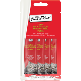 Fussie Cat Super Premium Puree Cat Treat, Tuna & Salmon in Goat Milk, 4-count