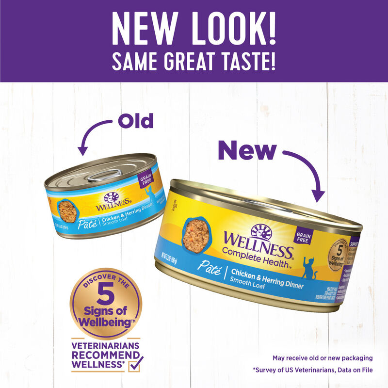 Wellness Complete Health Grain-Free Canned Cat Food, Pate, Chicken & Herring, 5.5-oz image number null