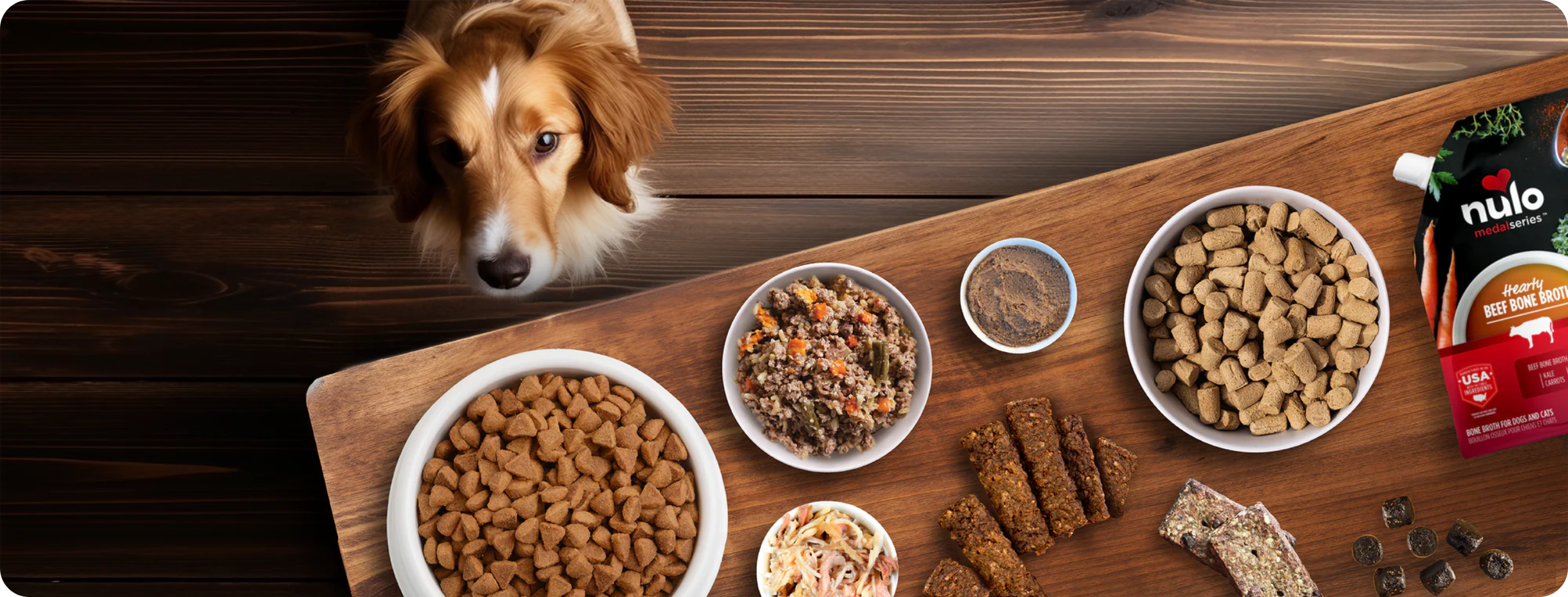 dog with table full of Nulo dog foods