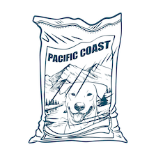 bag of kibble with dog and Pacific Coast on front