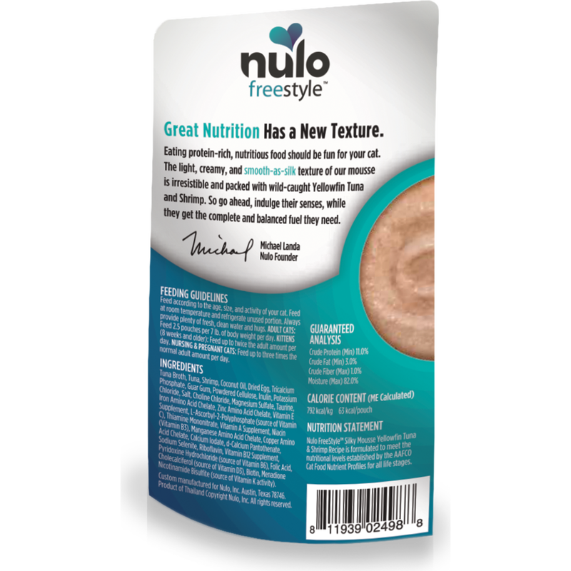 Nulo Freestyle Grain-Free Wet Cat Food, Silky Mousse, Yellowfin Tuna & Shrimp, 2.8-oz image number null