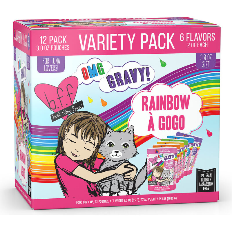 B.F.F. Best Feline Friend OMG Gravy! Wet Cat Food, Variety Pack, Rainbow A Gogo, 3-oz, 12-pack image number null