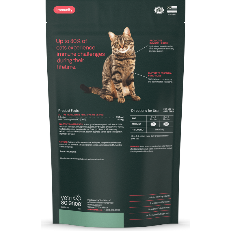 VetriScience Lysine Immunity Health Soft Chews Cat Supplement, Chicken, 90-count image number null