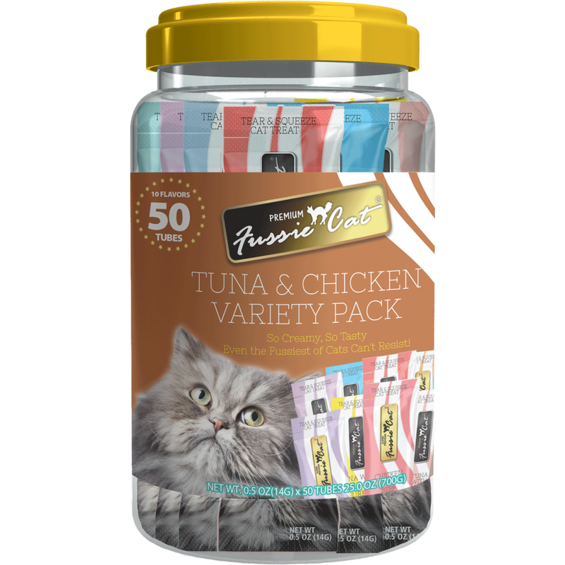 Fussie Cat Lickable Puree Cat Treat, Tuna & Chicken Variety Pack, 0.5-oz, 50-count image number null