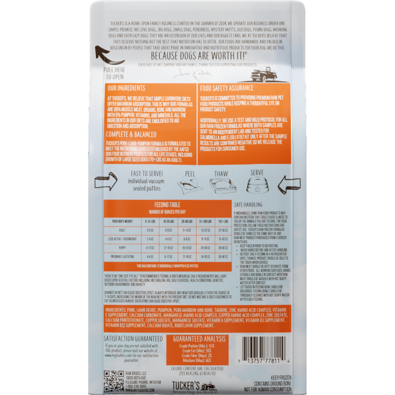 Tucker's Raw Frozen Dog Food, Pork Lamb & Pumpkin, 6-lb image number null