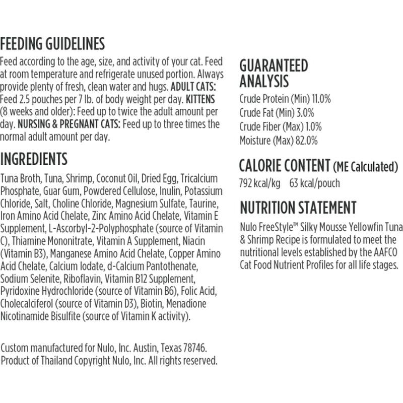 Nulo Freestyle Grain-Free Wet Cat Food, Silky Mousse, Yellowfin Tuna & Shrimp, 2.8-oz image number null