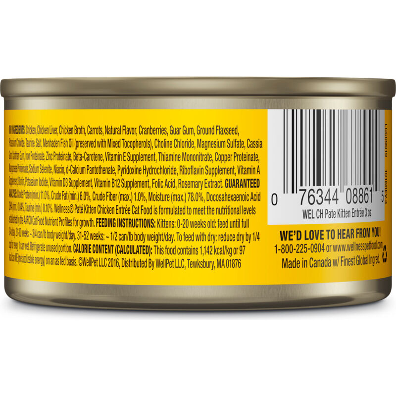 Wellness Complete Health Pate Canned Cat Food, Kitten, Chicken, 3-oz image number null