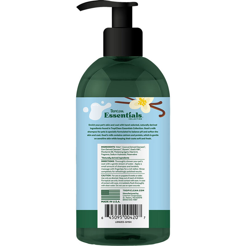 Tropiclean Essentials Hypoallergenic Shampoo for Dogs Puppies & Cats, Goat's Milk, 16-oz image number null