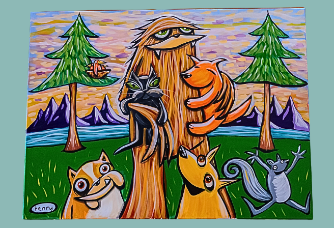 dog wearing outdoor pack in the woods